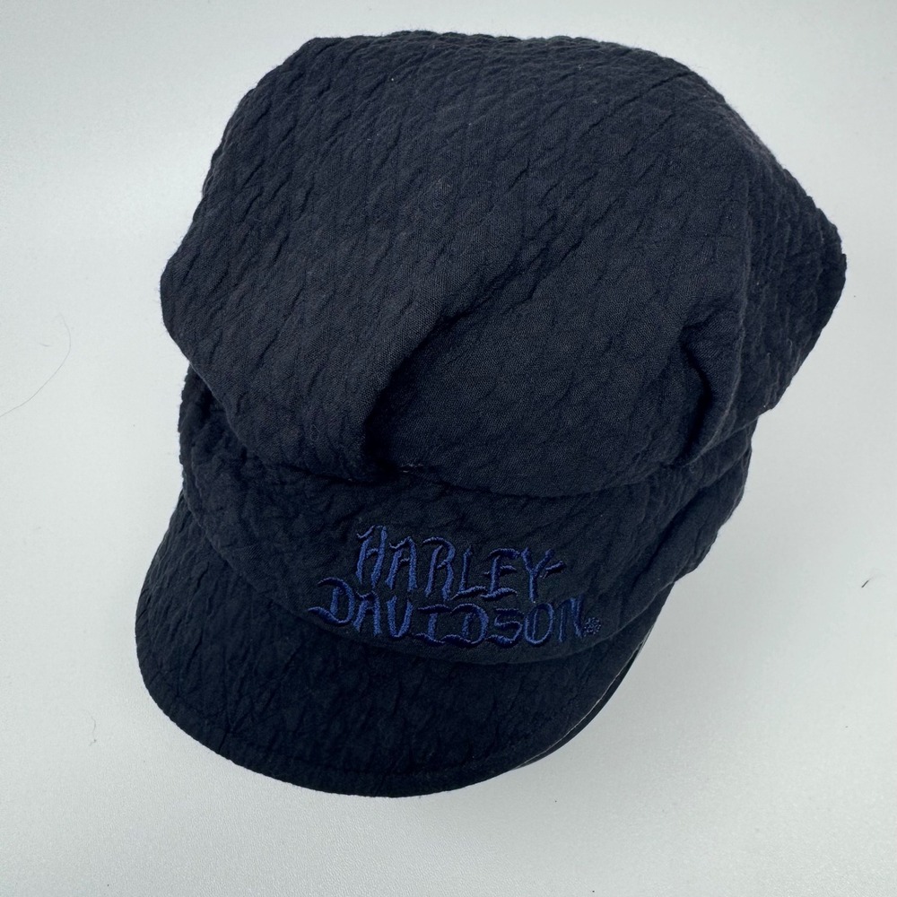Harley Davidson Black Textured Quilted Newsboy Cap Hat‎ with Blue Embroidery